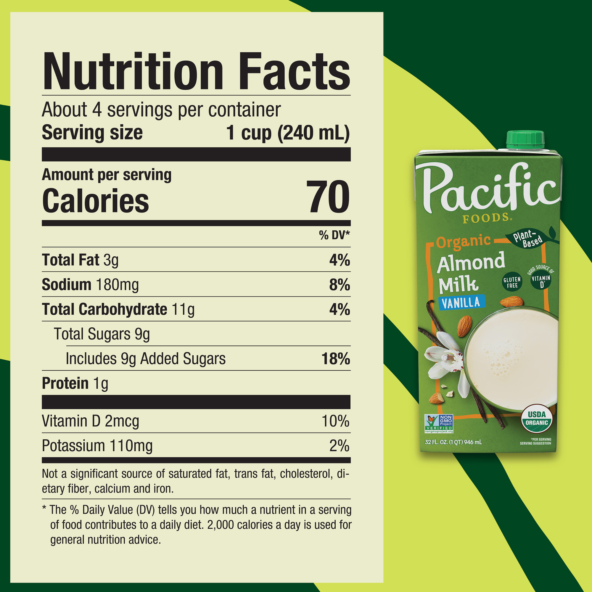 Pacific Foods Organic Vanilla Almond Milk, Plant Based Milk, 32 oz Carton