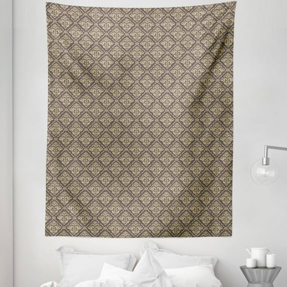 Oriental Tapestry, Classical Pattern with Damask Ornaments Antique Flourish Curly Leaves Pattern, Fabric Wall Hanging Decor for Bedroom Living Room Dorm, 5 Sizes, Taupe and Beige, by Ambesonne