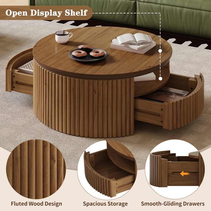 30.3'' Round Fluted Coffee Table with Dual Hidden Storage Drawers, 2-Tier Design Center Cocktail Table with Open Shelf