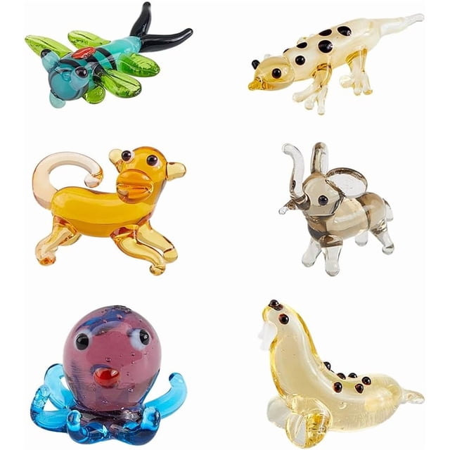 Figuras de vidrio soplado a mano de 6 estilos, decoración de animales en miniatura, incluye morsa, pulpo, elefante, mono, geco y libélula.