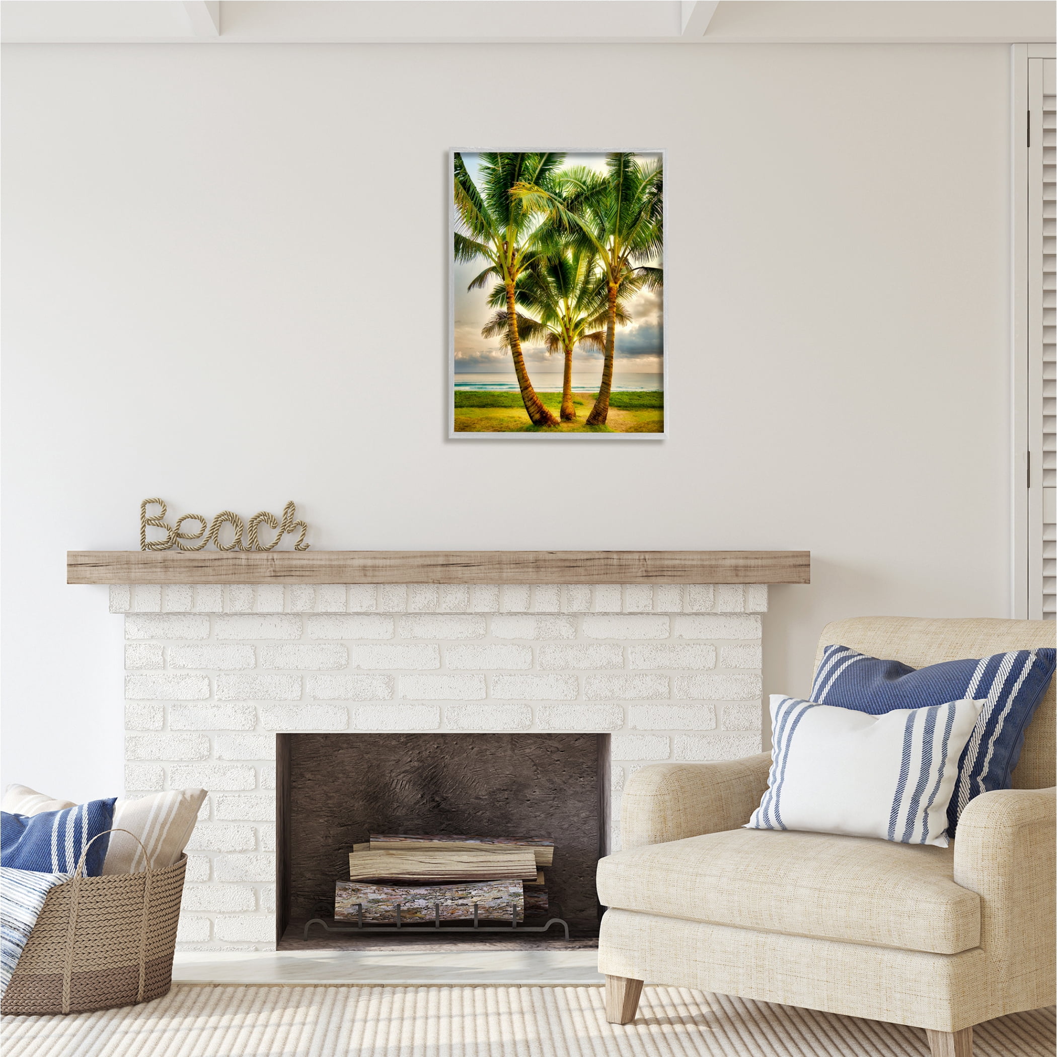 Stupell Industries Three Palm Trees on Beach Nature Painting Gray Framed Art Print Wall Art, 24 x 30