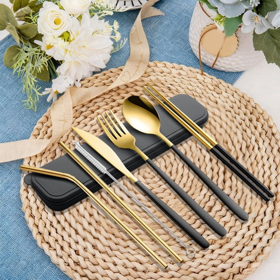 Portable Chopsticks Spoon Knife Fork and Straw Set, 7-Piece Stainless Steel Cutlery Set with Storage Case, Outdoor Camping Cutlery Set
