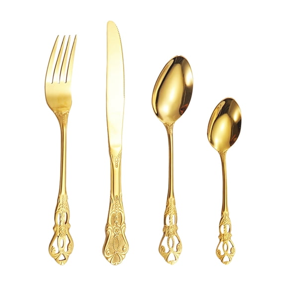 Vintage Embossed Flatware Set, 4-Piece Stainless Steel Knife, Fork and Spoons for Dining, Gold
