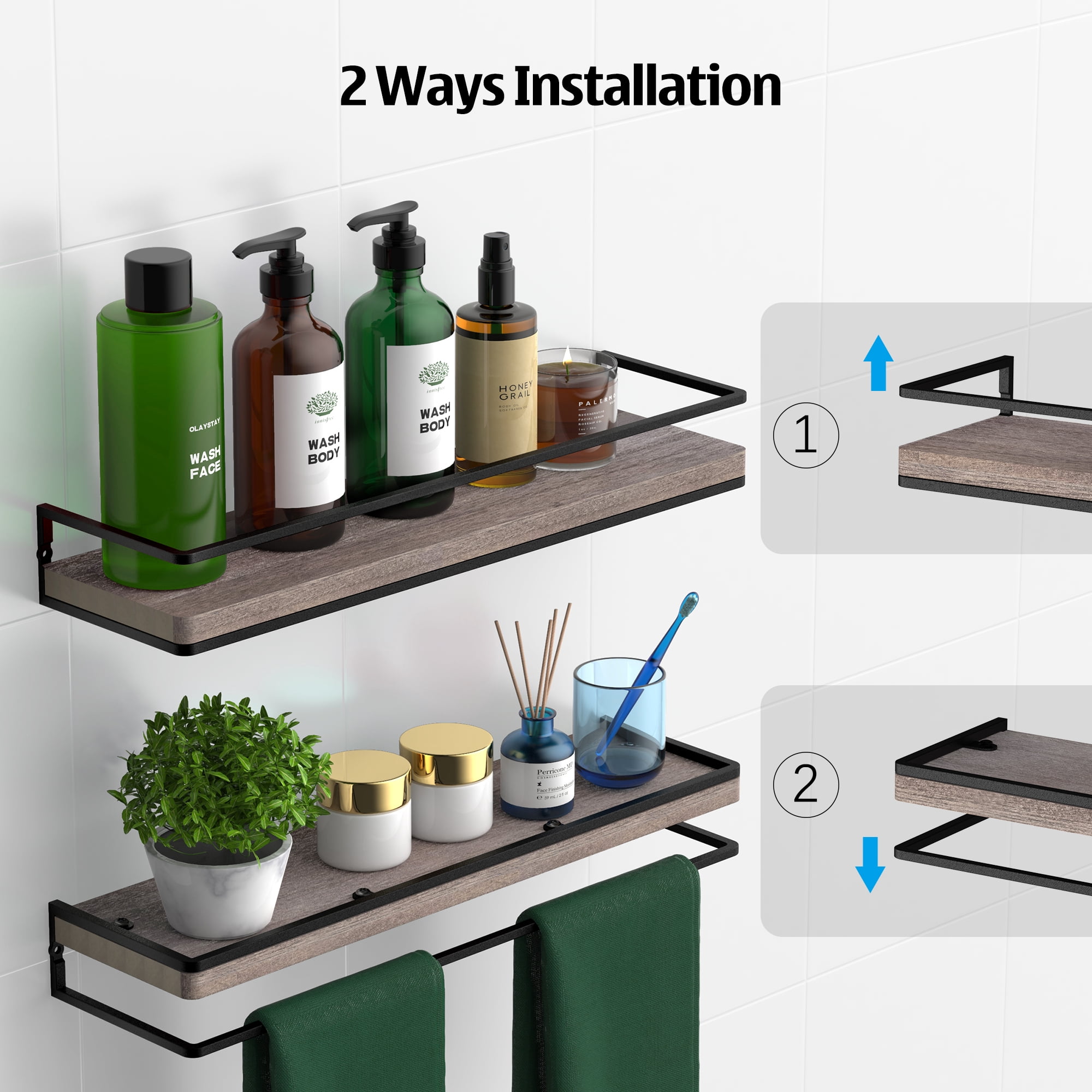 Meangood Floating Shelves Wall Mounted Set of 2, Rustic Wood Wall Storage Shelves for Bedroom, Living Room, Bathroom, Kitchen (Walnut)