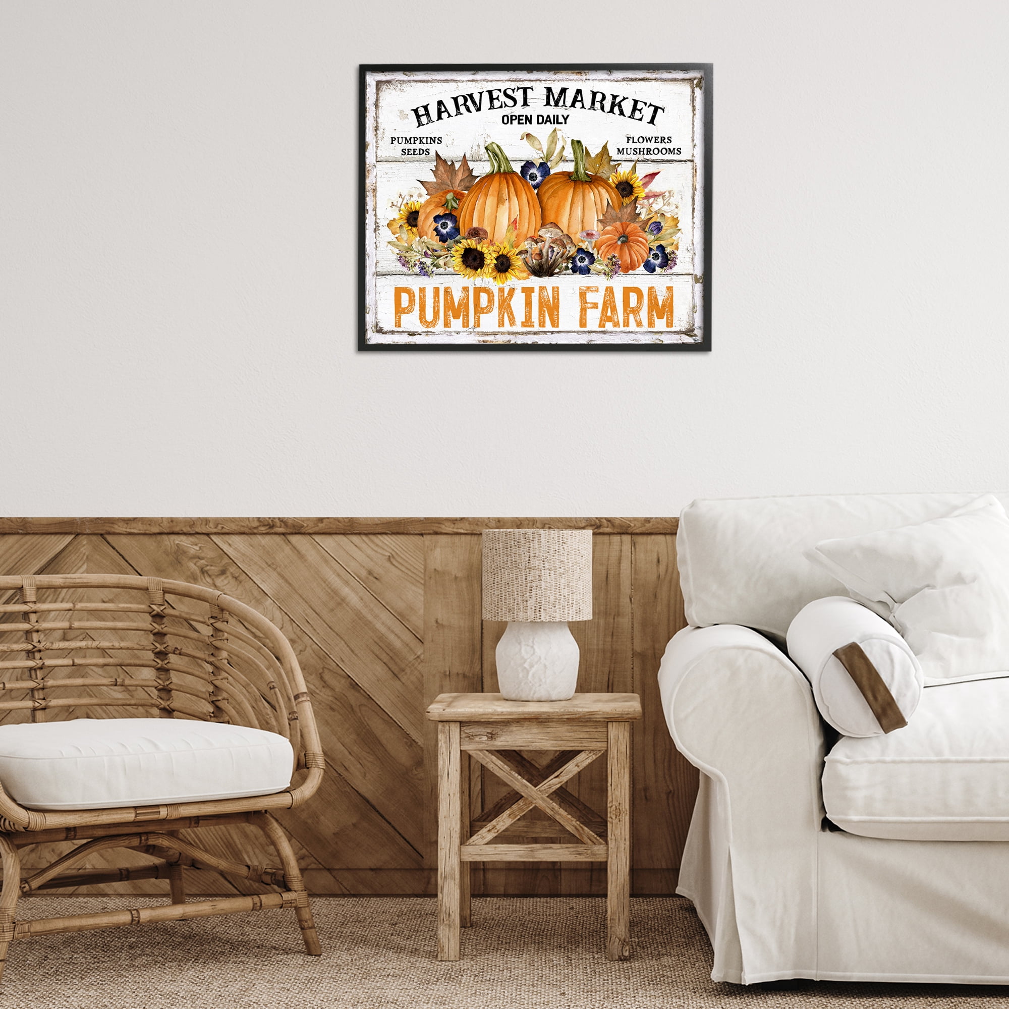 Stupell Industries Pumpkin Farm with Sunflowers Holiday Painting Black Framed Art Prints Wall Art, 30 x 24