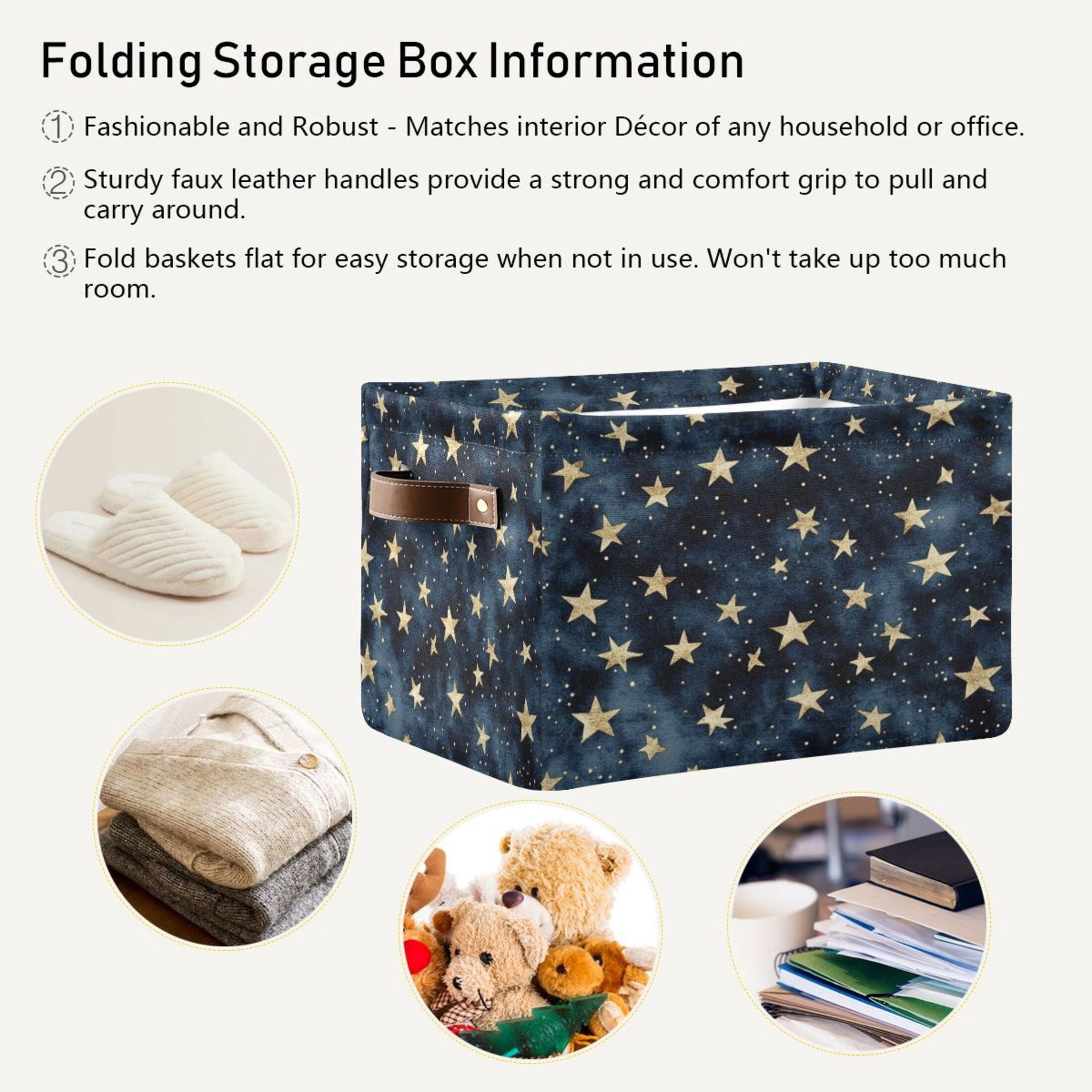 Small Gold Stars Pattern Foldable Storage Basket,Canvas Fabric Foldable Storage Bins with Handles Open Home Storage Bins Boxes for Toy Book Shelf Closet Baskets