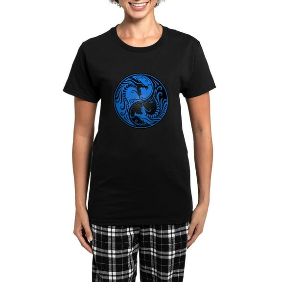 CafePress - Blue And Black Yin Yang Dragons Pajamas - Women's Short Sleeve Print T-Shirt and Pants Dark Cotton Pajama Set