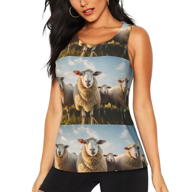 Fotbe Cute Prairie Sheep Herd Blusas Sin Mangas para Mujer – Estilo Casual, Corte Suelto, Slim-Fit, Cuello Redondo Deportivo, Tops de Verano para Gimnasio y Yoga-Medium