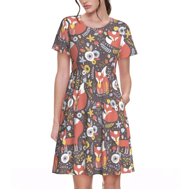 Easygdp Foxes para Vestido Transpirable de Mujer, Vestido Suelto de Manga Corta con Pliegues y Bolsillos para el Verano