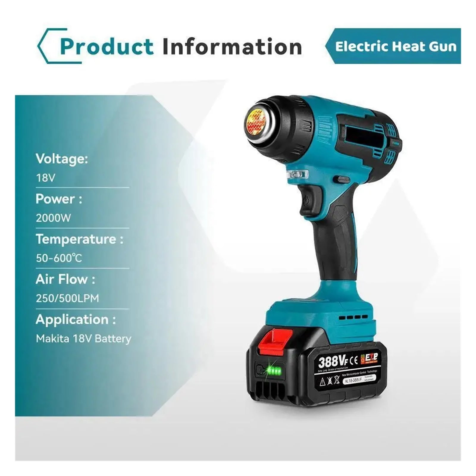 2000W Electric Heat Gun Compatible 18V Battery Cordless Handheld Hot Air Gun with 3 Nozzles Industrial Home Hair Dryer ,Variable Temperature
