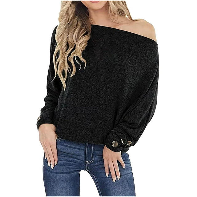CEHVOM Women Casual Loose PulloverOff-the-shoulder Long Sleeve Button Round Neck Tees Tops