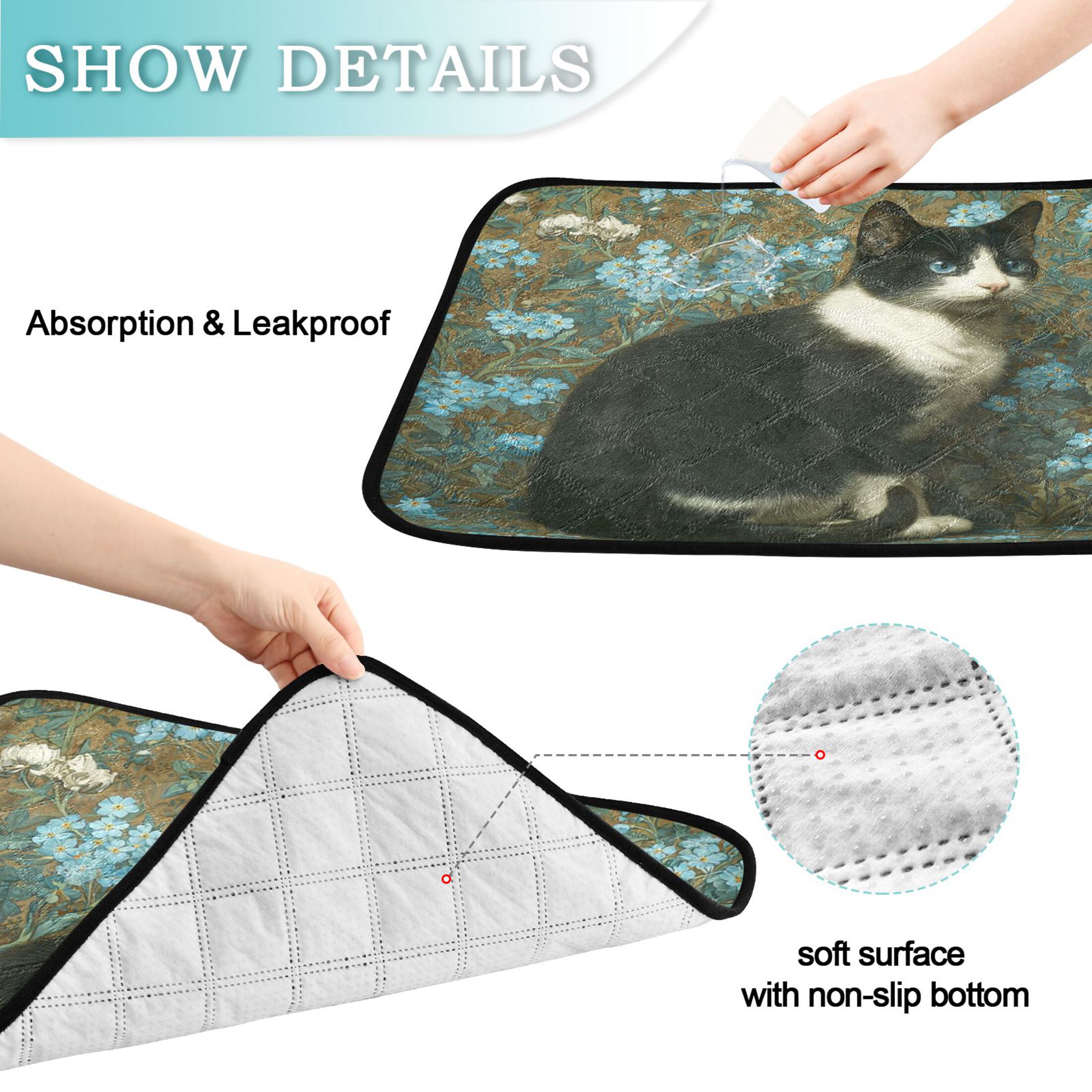 Qxltty Tuxedo Cat Cat litter Pads Pet Set of 2 Diaper Mats Center Anti-leakage Layer Absorbent Soft and Comfortable