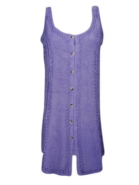 Mogul Womens Purple Button Front Tank Dress Rayon Floral Embroidered Tie Back Gypsy Dresses M