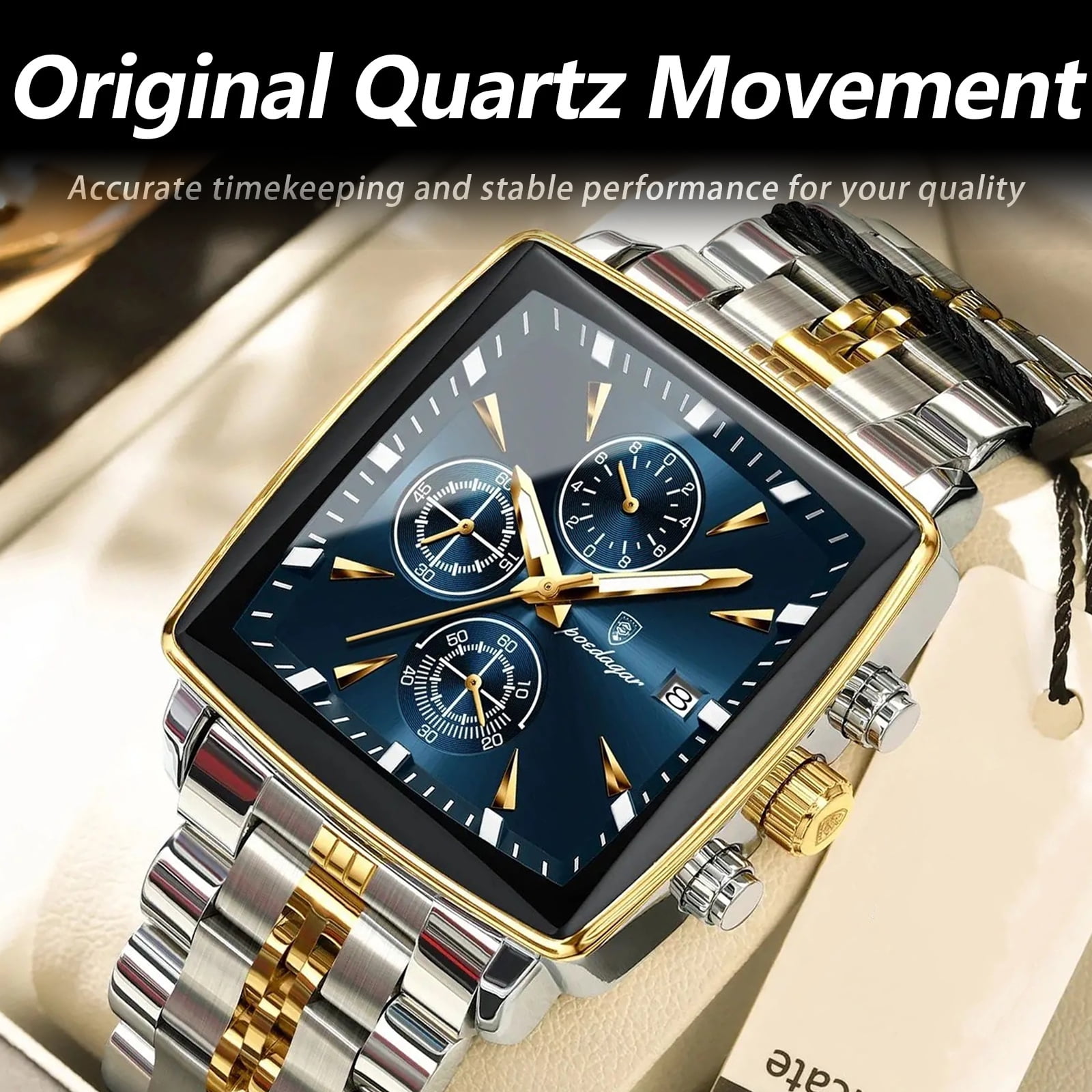 POEDAGAR Luxury Square Sport Man Wristwatch Waterproof Chronograph Stainless Steel Quartz Men's Watches