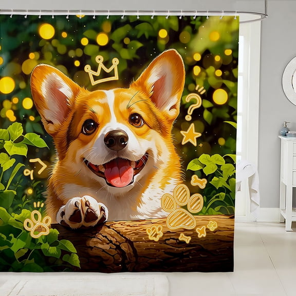 Manfei Corgi Dog Corgi Shower Curtain 72Wx72L, Neon Doodle Bathroom Curtain, Green Gold