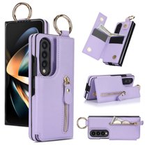 ELEHOLD for Samsung Galaxy Z Fold 3 Wallte Case, Premium Leather Ring  Zipper Credit Card Cash Slot Magnetic Clasp Kickstand Heavy Duty Protective for Samsung Galaxy Z Fold 3,Purple