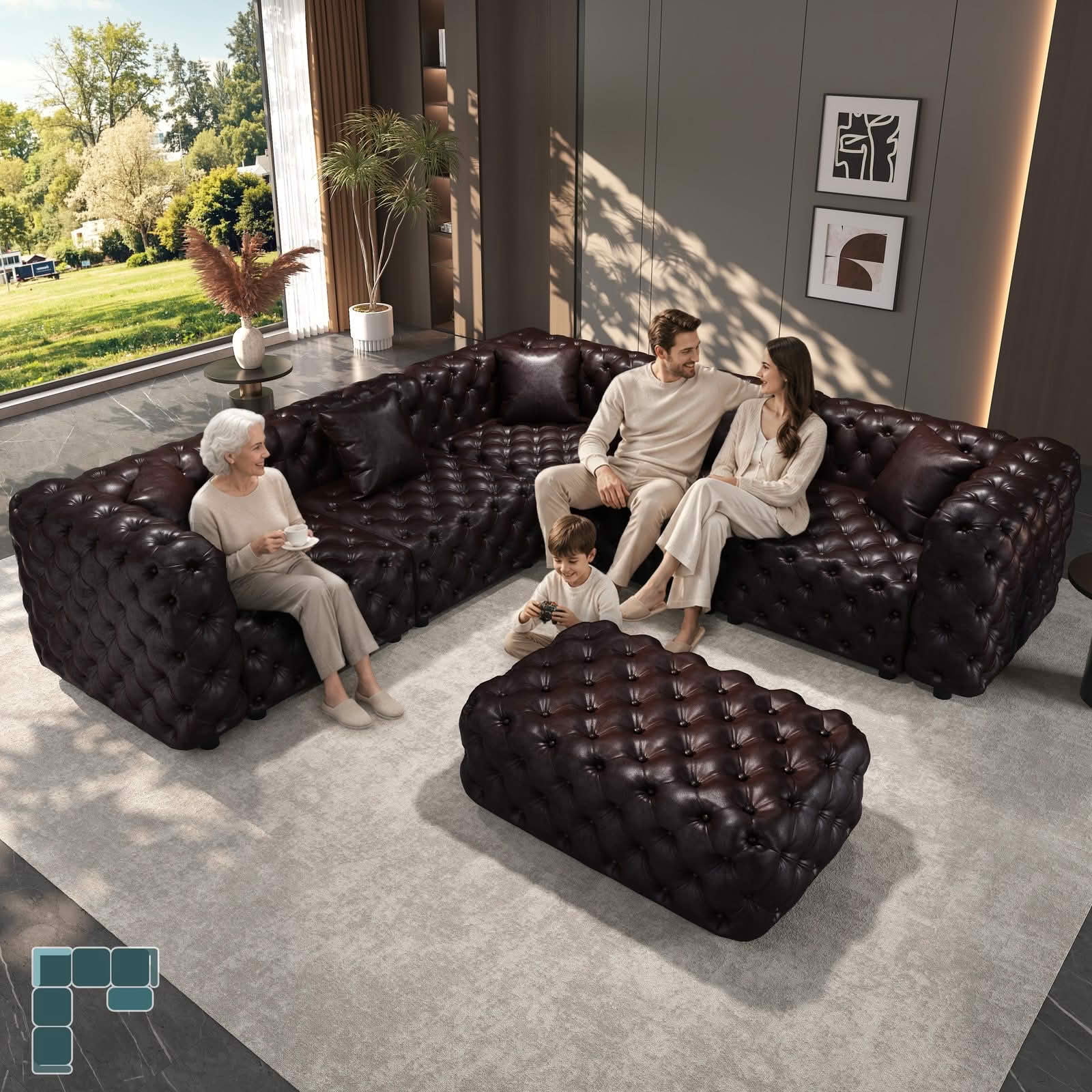 MAYEERTY 132.5" L‑Shaped 5‑Seat Faux‑Leather Modular Sofa Set, Handcrafted Button Tufted Couch with Ottoman & 5 Pillows for Living Room & Small Apartment