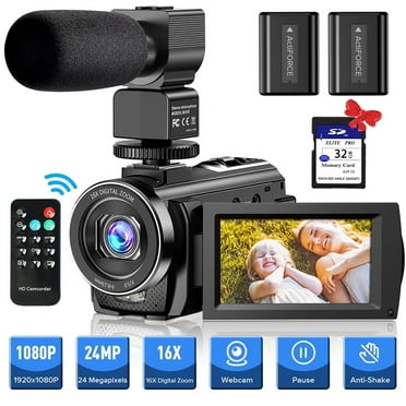 Video Camera Camcorder YouTube Vlogging Camera With 32G SD Card FHD 1080P 30FPS 24MP 16X Digital Zoom 3" LCD 270 Degrees Rotatable Screen with Microphone,2 Batteries