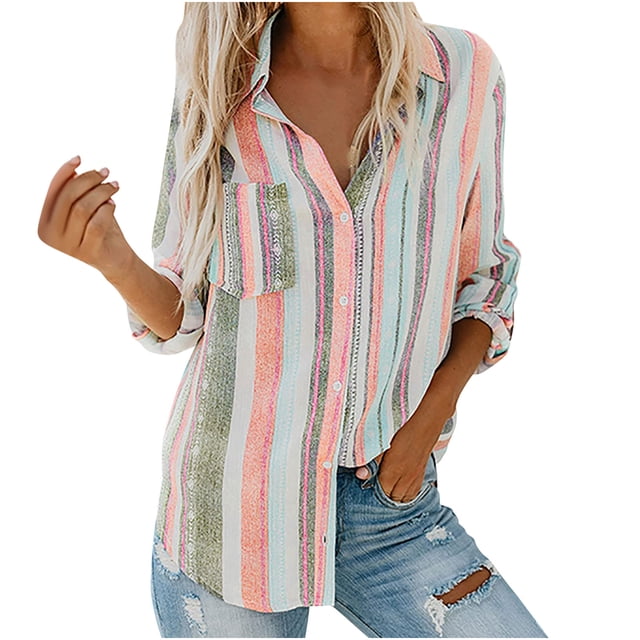 Cameland Blouses Mode pour Femmes Col en V Rayé Manches Retroussables avec Poche Chemise Ample