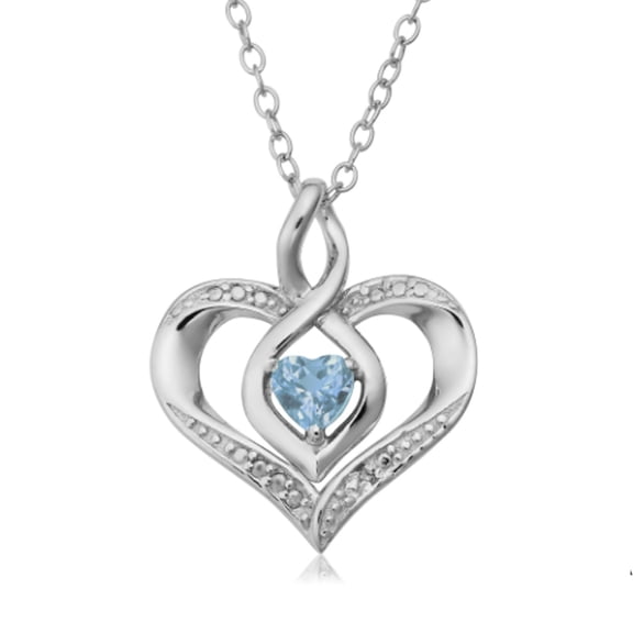 Sterling Silver Heart Shape Gemstone March Birthstone Necklace, 18"