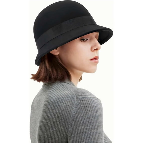 DOVACKA Women's Vintage Cloche Hat - 1920s Inspired Wool Bucket Hat, Crushable Winter Hat for Derby。Black and Band