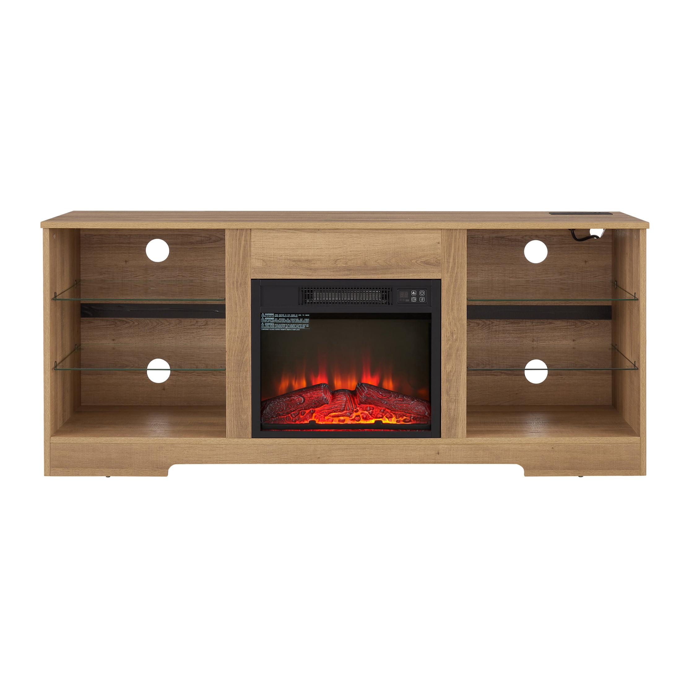 SESSLIFE Fireplace TV Stand, 58" LED Light Entertainment Center with Adjustable Flame Fireplace, Power Outlets & Shelves, Remote & App Control, TV Stand with Fireplace for Living Room, Oak