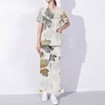 thumbnail image 2 of BiZtdJrK Scrubs for Women 2 Piece Outfits Floral Printed Nursing Uniform, Casual V Neck Short Sleeve Shirts and Wide Leg Pants Matching Sets Multicolor S, 2 of 7