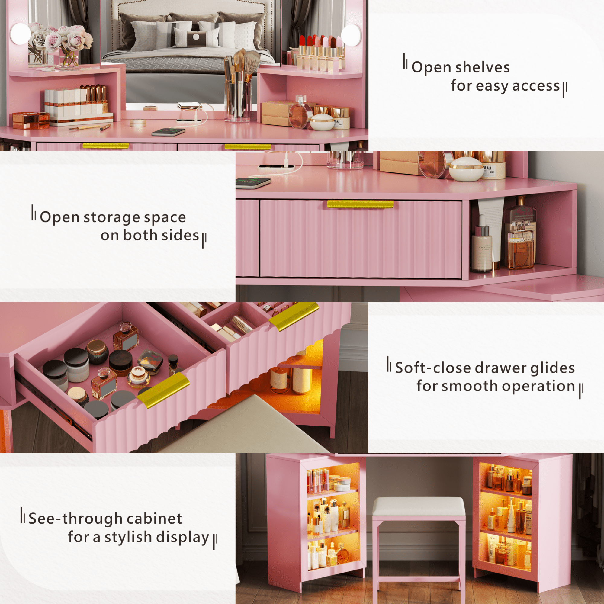 VKCC Retro Corner Vanity Desk Table with Ultra-Wide LED Mirror, Charging Station, Storage Drawers & Shelves, Pink
