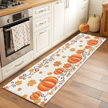 Fall Thanksgiving Pumpkin Maple Leaf Rectangle Area Rug 2x6ft Living Room Rug Non-Slip Washable Circle Rugs Pad Country Watercolor Leaves Soft Floor Carpet for Bedroom Dining Room