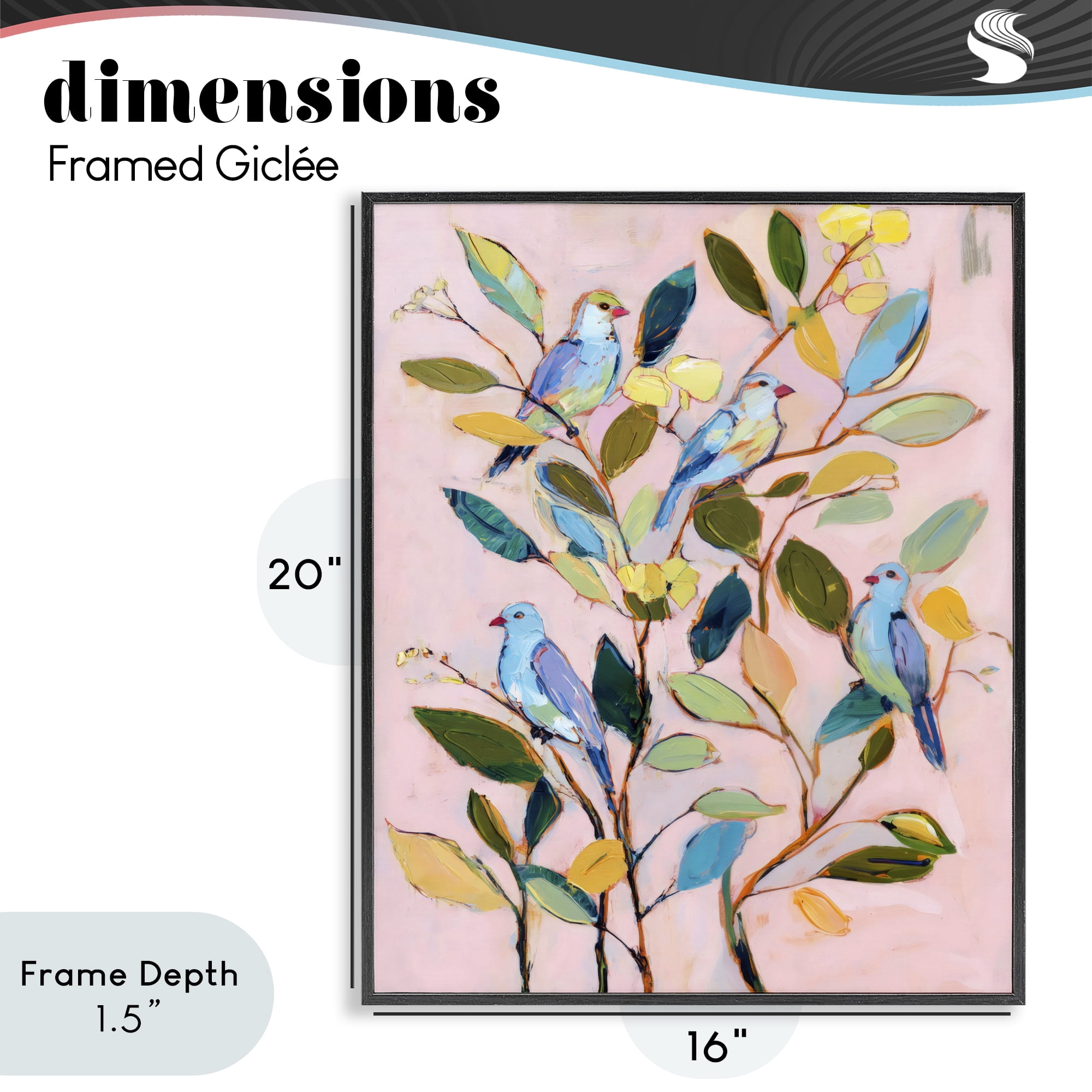 Stupell Industries Birds Between Leaves Impression Black Framed Giclee Art, design by Sisi and Seb