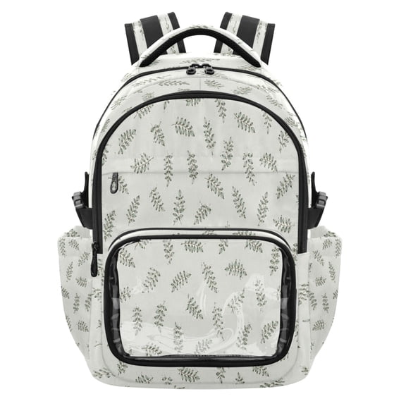 Qxltty Simple Leaf Backpack School Bookbag with Clear PVC Front Pocket, Laptop Compartment, Water Resistant Travel Daypack for Students