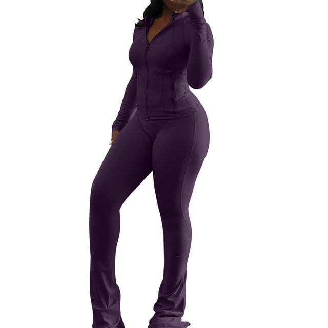 Lovzfmll Workout Sets for Women, 2 Piece Zip-Up Jacket and Micro Flared Pants Set with Zipper Pockets, Athletic Outfits Matching Sets Clothing