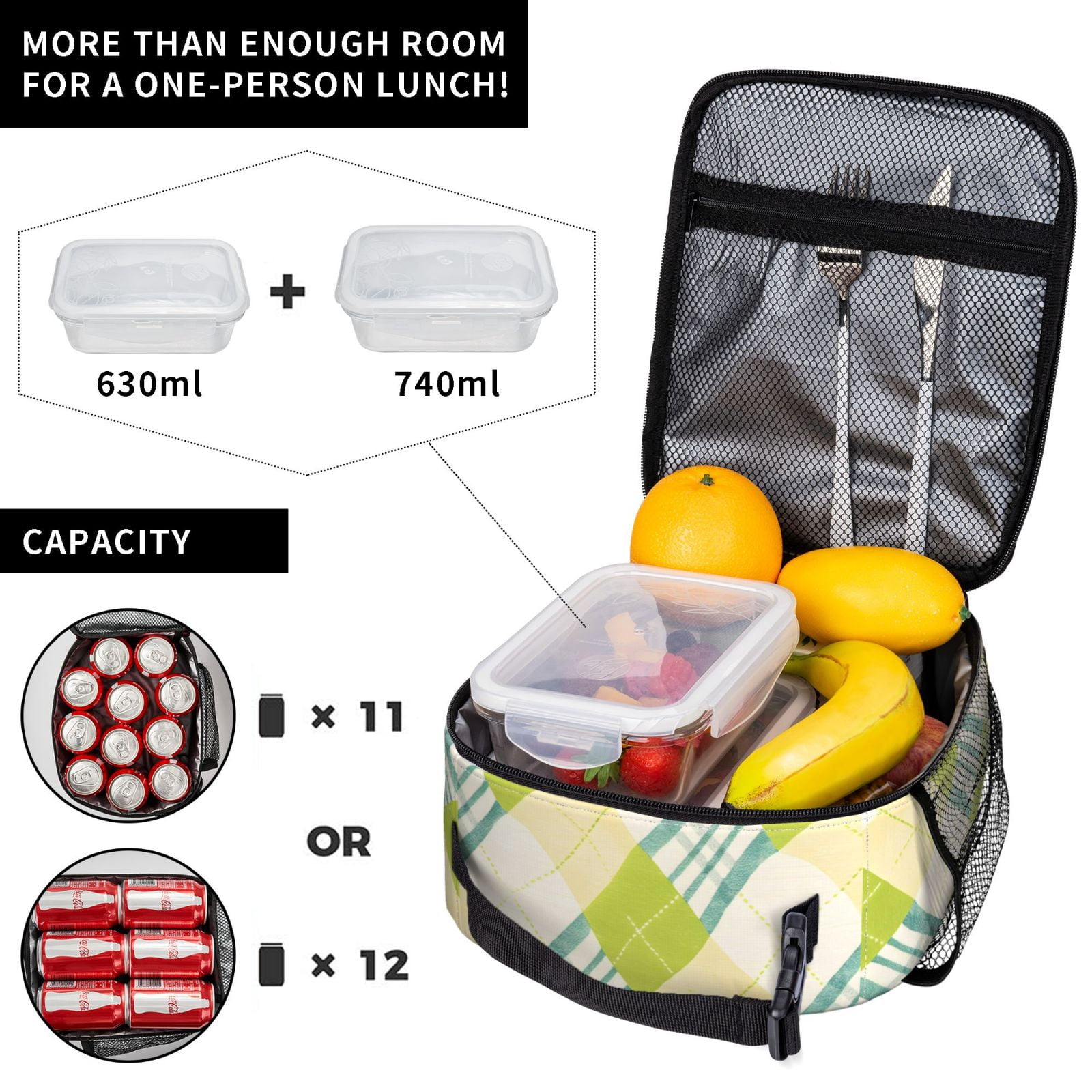 Lunch Bag For Women Men Insulated Portable Lunch Box Bento Box Office Picnic Travel Cooler Bag Lime Houndstooth Hand-Drawn Sketch_1
