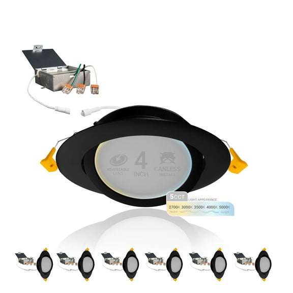 NuWatt Black 4 Inch Gimbal LED Recessed Lighting, 2700K/3000K/3500K/4000K/5000K Selectable, 630LM, Dimmable, Damp Rated, Adjustable Lens Canless Lights for Sloped Ceiling, Metal Junction Box, 6 Pack