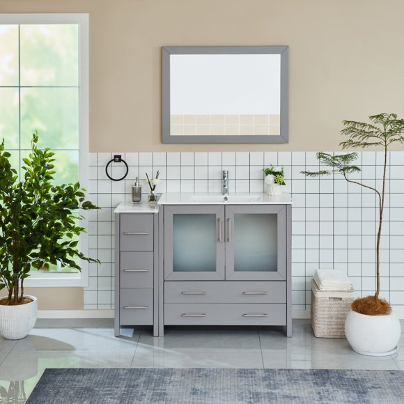 Vanity Art 48 in. W Single Sink Modern Bathroom Vanity with Ceramic Top and Free Mirror