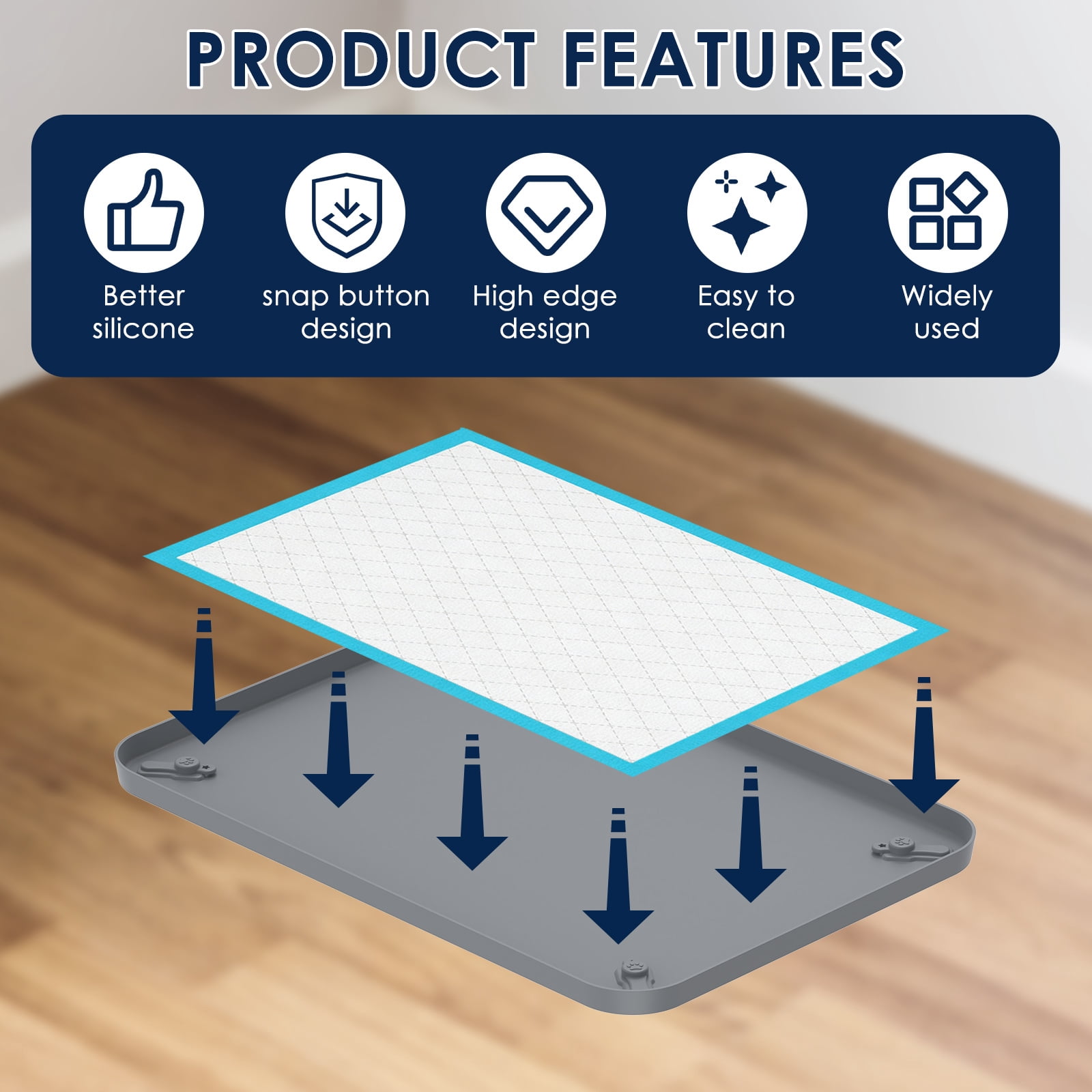 Pee Pad Tray Holder for Dogs - Fits Up to 24.41x16.54in. Square Potty Training Pads No Spill Raised Lip High Edge Silicone Mat, Extra Thick and Non-Slip for Indoor Floor Protection (S, Grey)