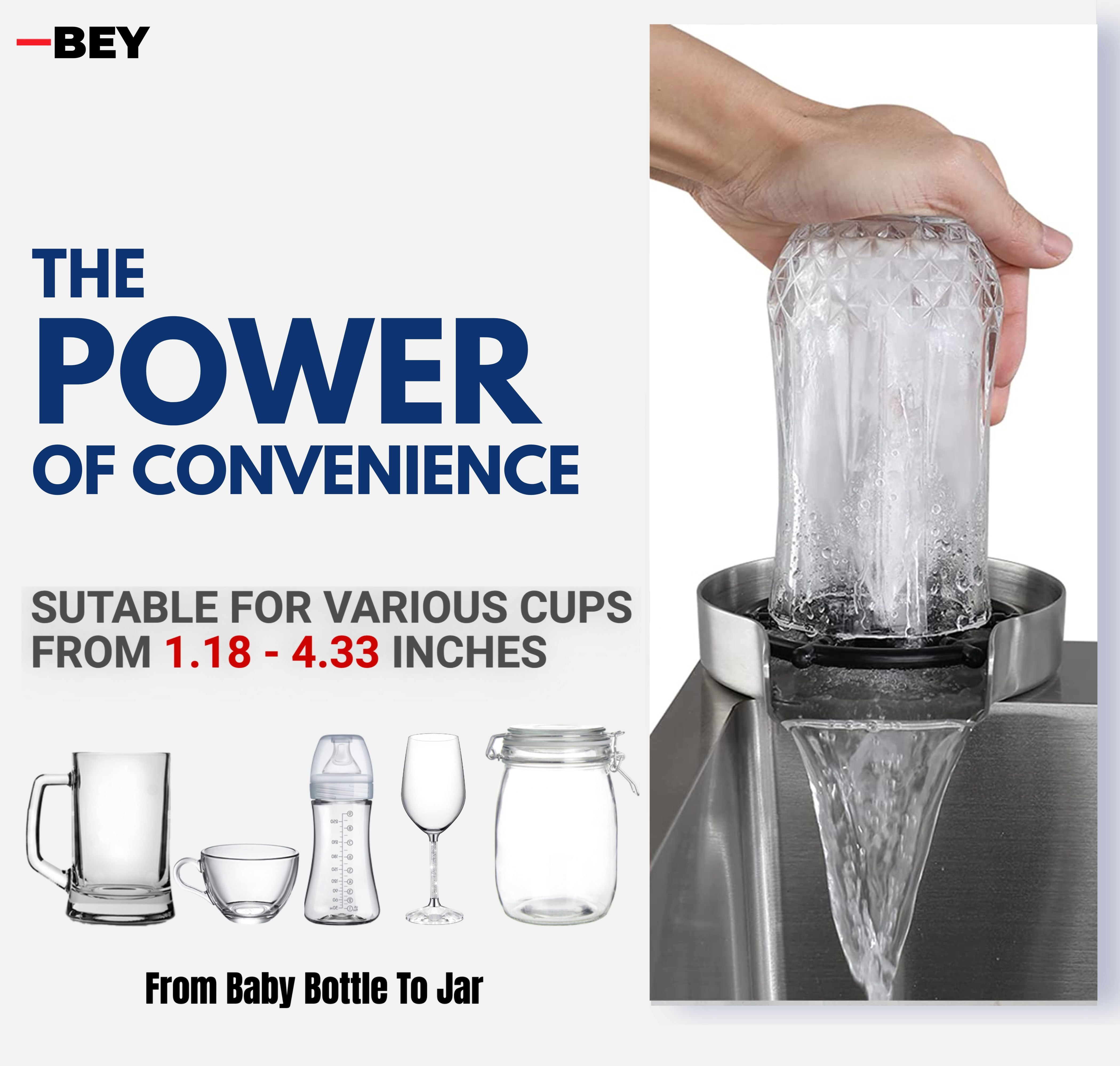 BEY Automatic Glass Rinser - Powerful Cup Washer for Kitchen Sink, Stainless Steel Baby Bottle Cleaner Sinks Attachment, Bar Accessories Spray Metal