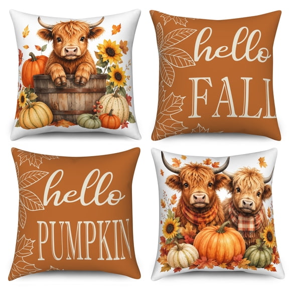 DaShan Fall Decor Throw Pillow Covers 18x18 Set of 4,Autumn Highland Cow Pillow Cases for Bedroom Sofa Couch