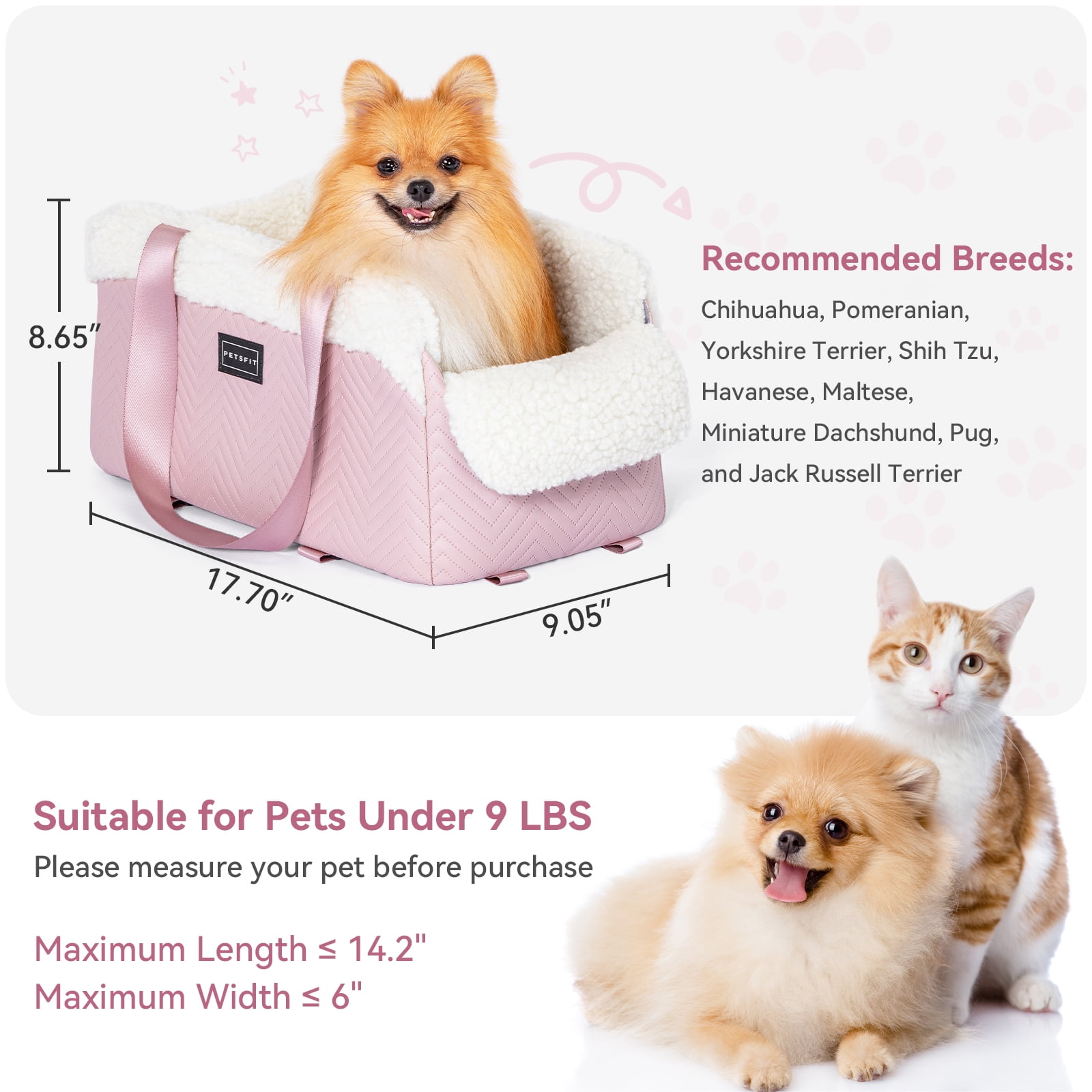 PETSFIT Cat Car Seat, Portable Console Dog Car Seat with Safe Protective Hooks, Luxury Pet Car Seat, Dog Car Carrier Includes Safety Tether for Pets Up to 12 lbs (Pink)