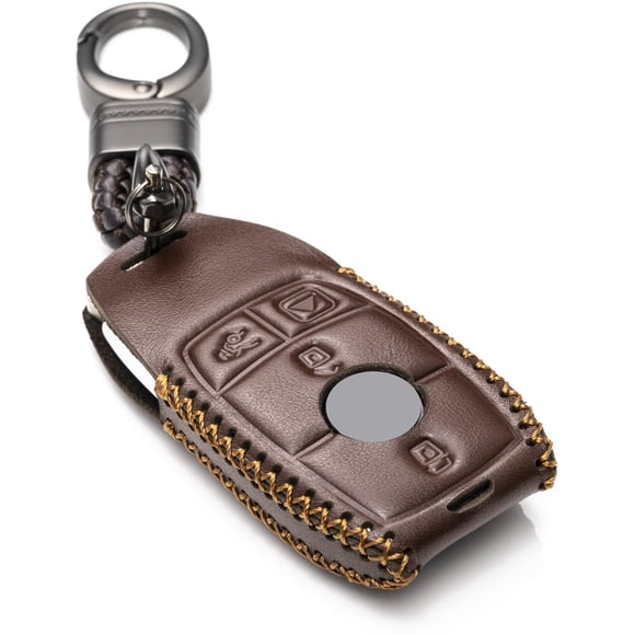 Vitodeco Genuine Leather Smart Key Fob Case with Leather Key Strap Compatible for Mercedes-Benz A, C, E, S, CLA, CLS, GLA, GLB, GLC, GLE, GLS, G Glass 2017-2024 (4-Button, Brown)