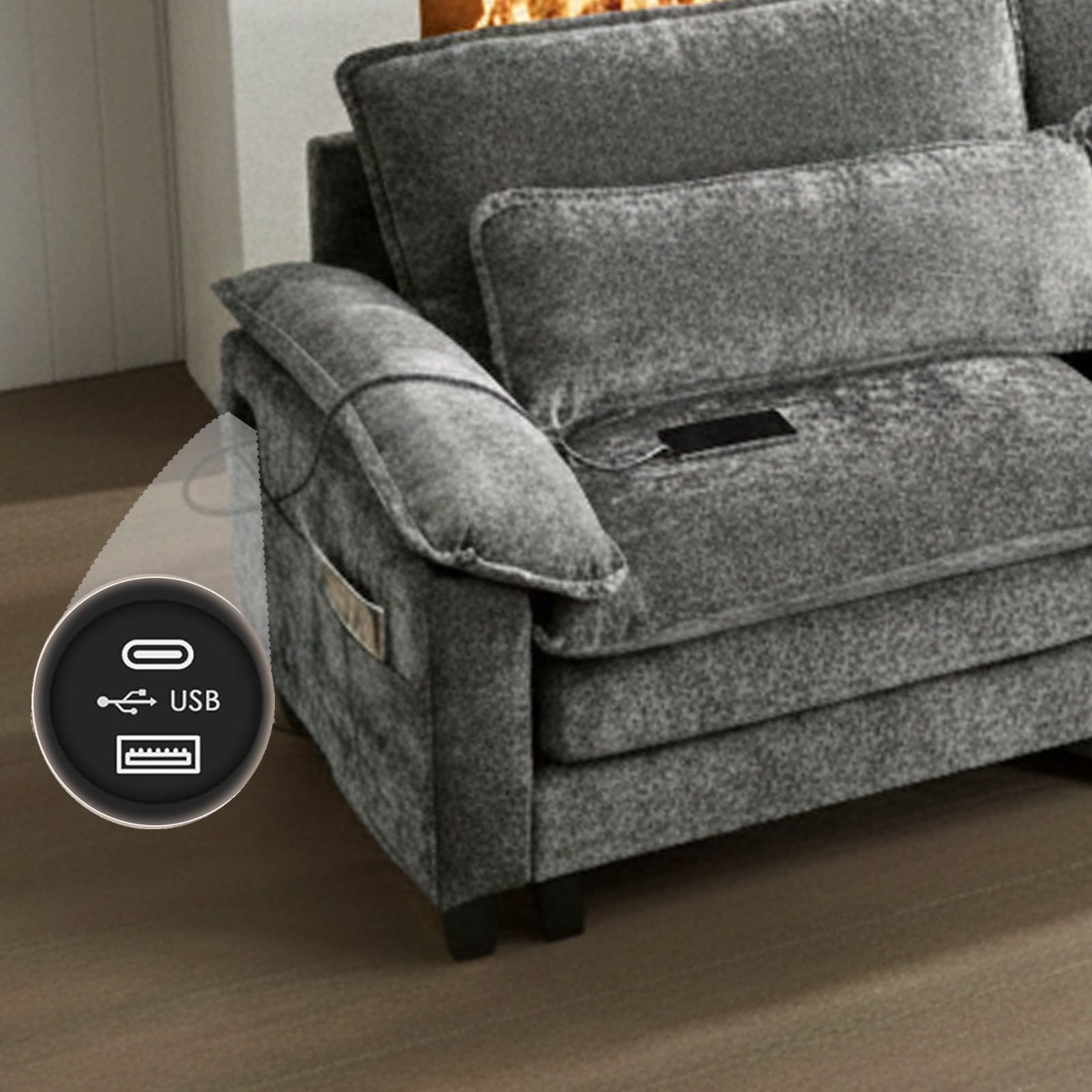 Aisword 113" Modular Sectional Sofa,L Shaped Modern Cloud Couch with Ottoman,3-Seat Chenille Deep Seat Sofa,USB Port,Grey