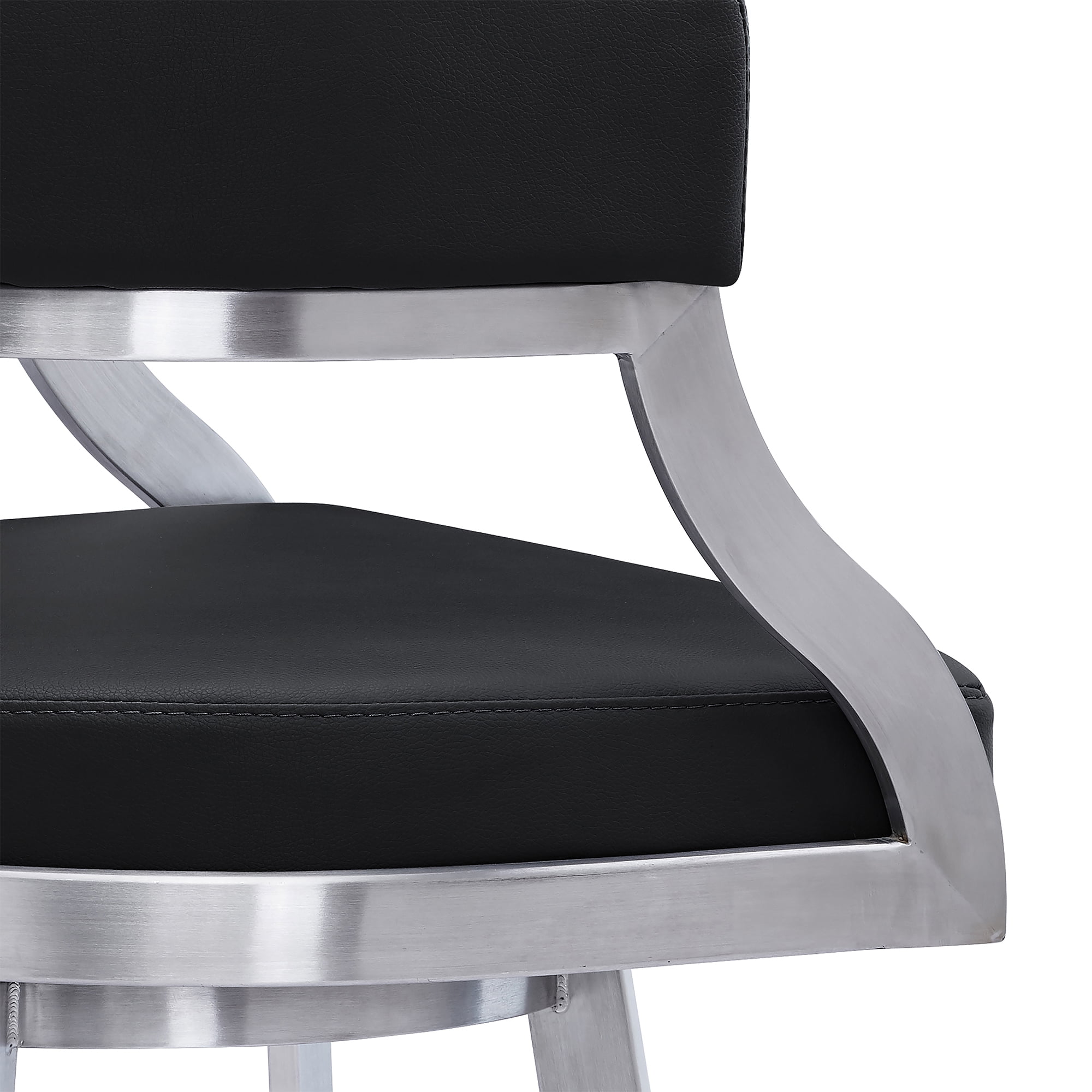 Saturn Modern 26" Seat Height Black Faux Leather and Brushed Stainless Steel Metal Swivel Bar Stool for Kitchen Island Counter