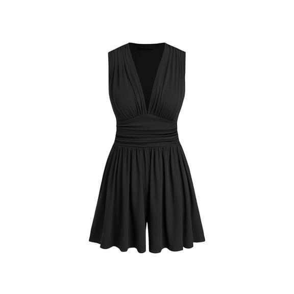 Womens Deep V Neck Wrinkles Jumpsuit Tie Sexy- Plunge Concert Mini Outfit Black XL