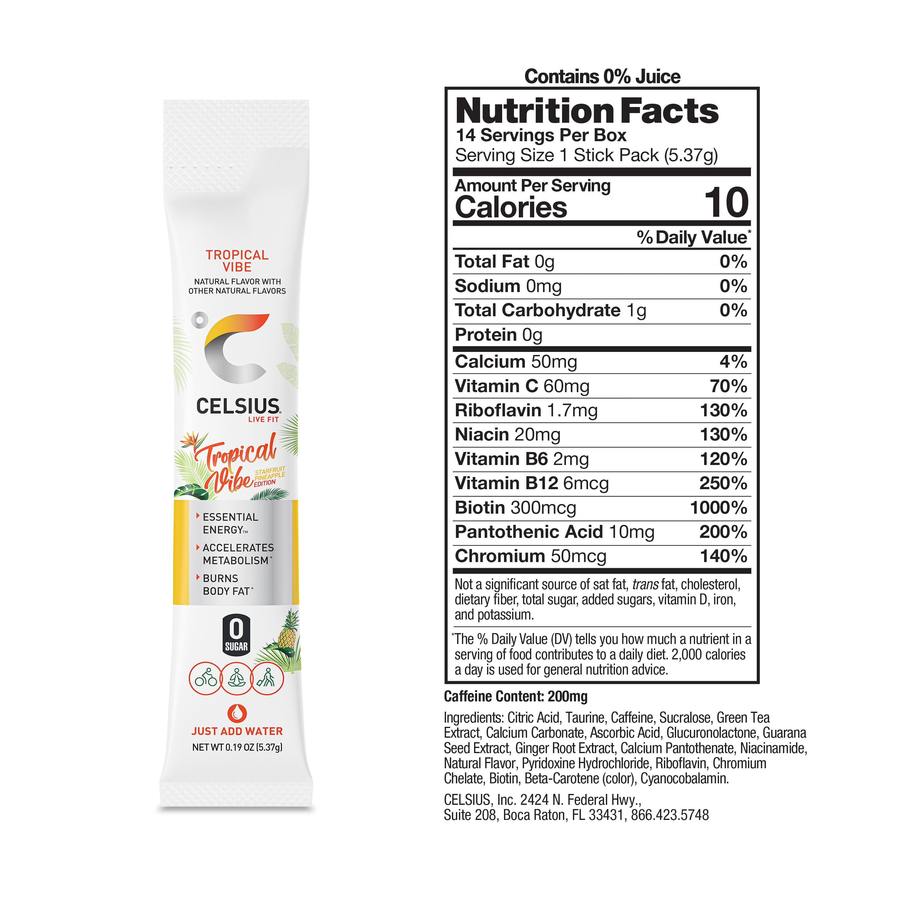 (6 pack) CELSIUS On The Go Energy Drink Mix, Tropical Vibe (14 Stick Pack)
