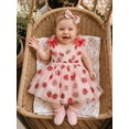 thumbnail image 4 of BemeyourBBs Infant Baby Girl Strawberry Tulle Tutu Dress Sleeveless V Neck Glitter Strawberry Print Ruffled Romper Dress Princess Birthday Party Dresses and Bow Headband Set, 4 of 9