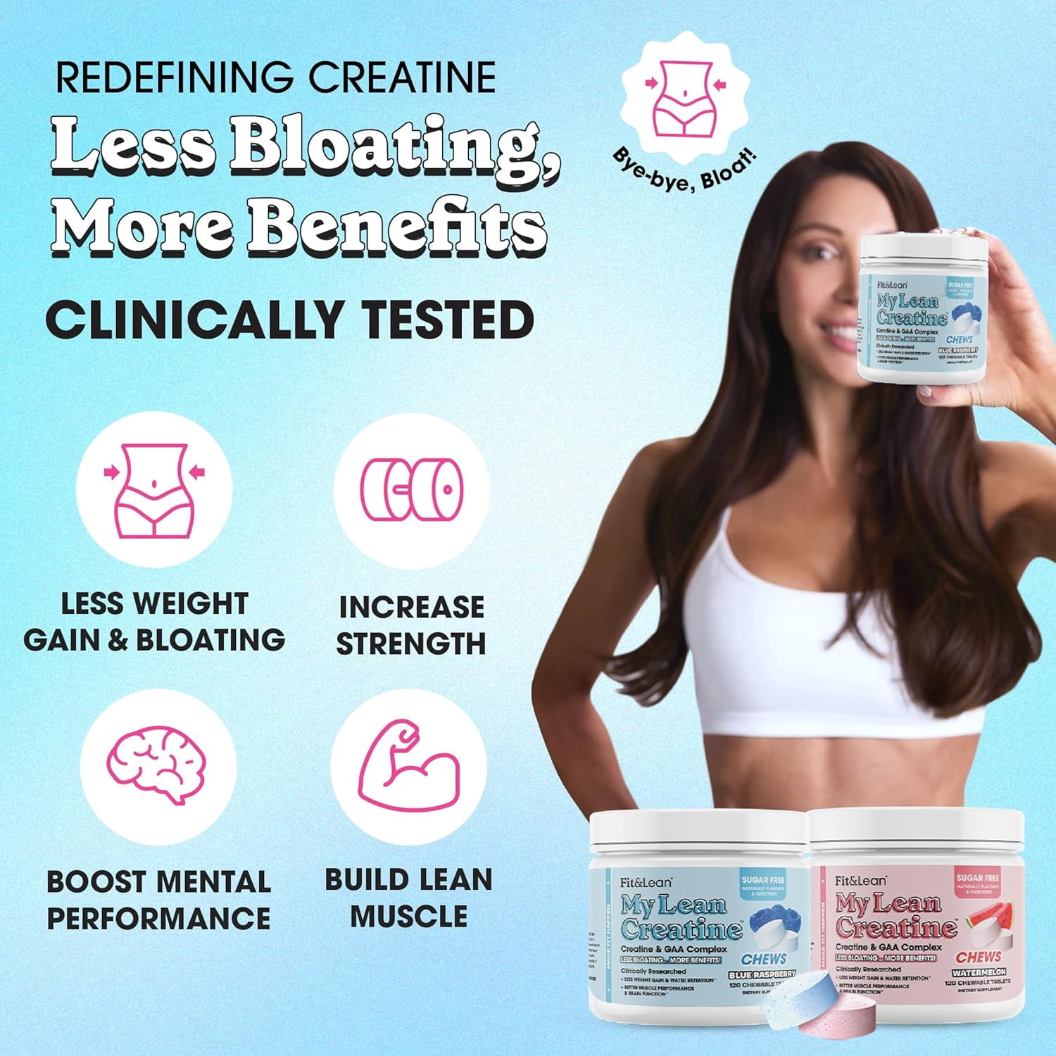 Fit & Lean My Lean Creatine Chewable Tablets, Creatine Monohydrate with GAA, Muscle Performance, Cognitive Function, Reduced Water Retention, Watermelon, 120 Count, 30 Servings