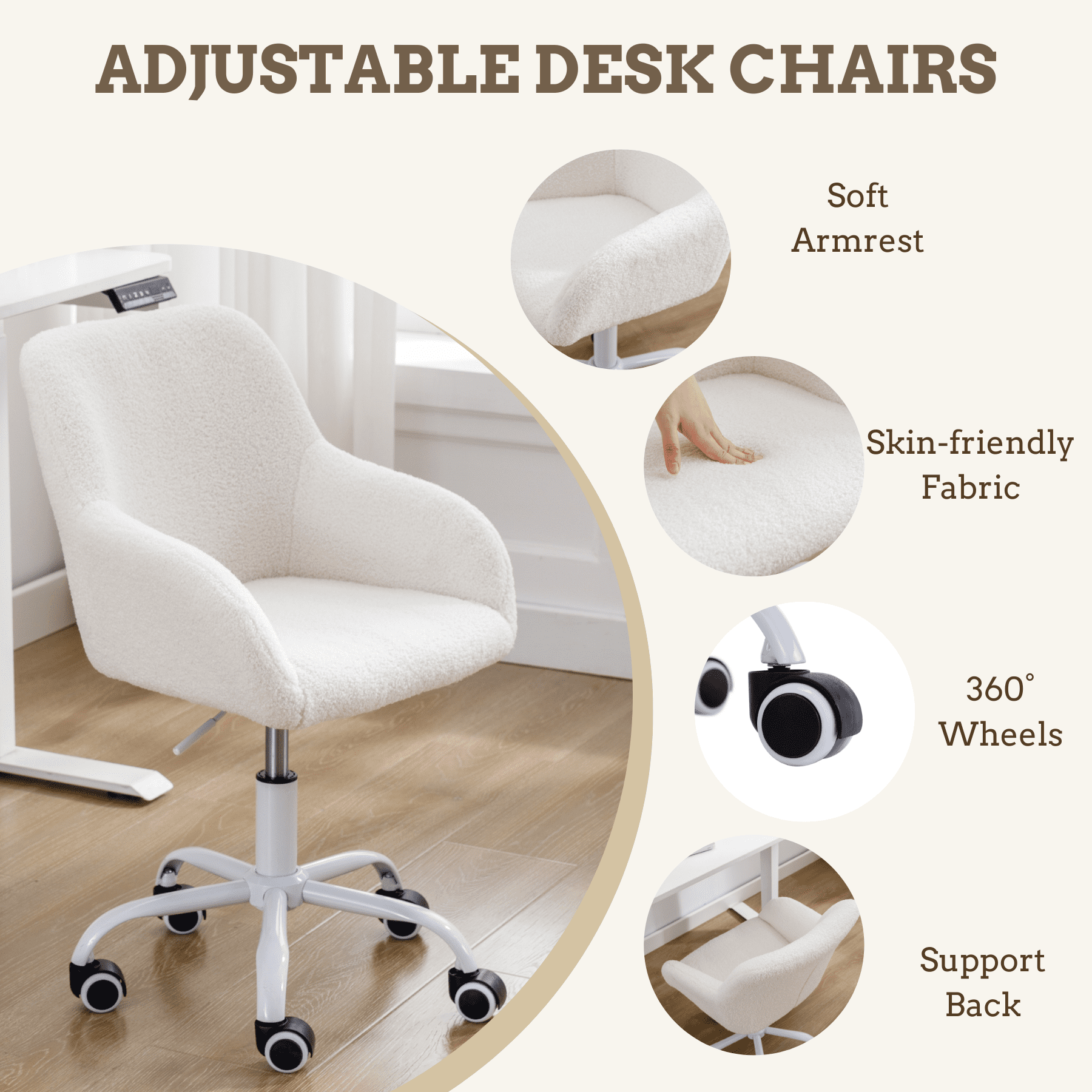 Dayalane Kids Desk Chair, Adjustable Swivel Faux Fur Study Chair with Armrests, Comfy Upholstered Computer Chair for Boys and Girls, Cute Computer Chair for Children, White