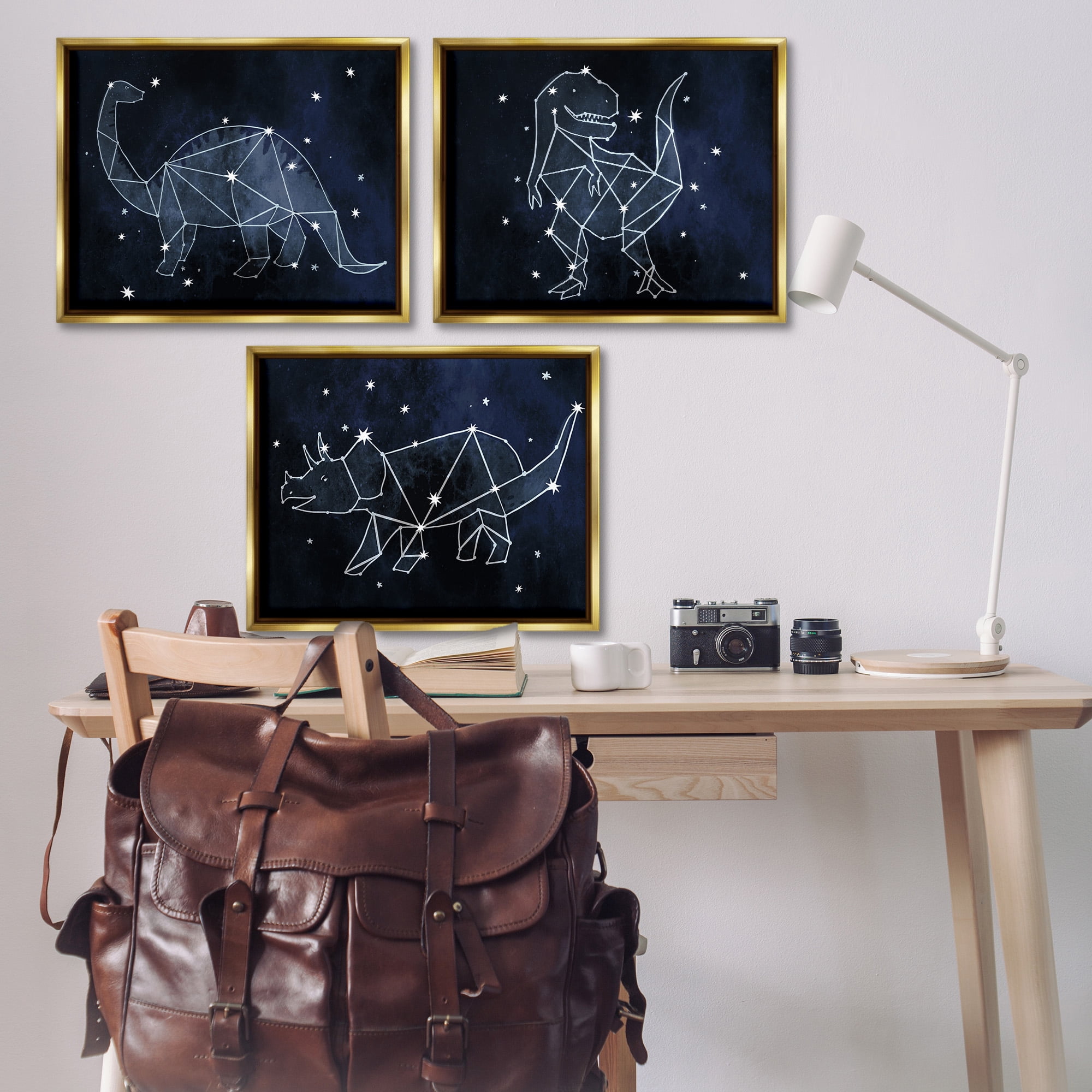 Stupell Industries Night Sky Dinosaur Constellations Animals & Insects Painting Gold Floater Framed Canvas Art Print Wall Art, 31 x 25, Set of 3