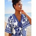 thumbnail image 5 of Blue Tropical Print V-Neck Midi Dress With Bell Sleeves, 5 of 8