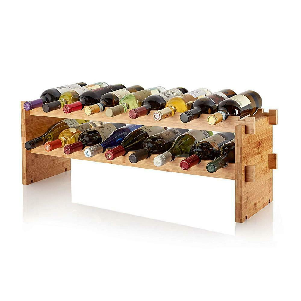 2 Tiers 18Bottle Wine Rack, Stackable Wine Rack Pine Wood (33.5 X 11.8 X 9.5 Inches